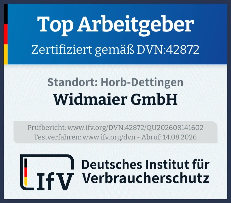 Vollständiges Top-Arbeitgeber-Prüfsiegel des Deutschen Instituts für Verbraucherschutz für Widmaier GmbH